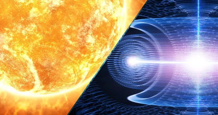 A graphic depicting fusion with fiery gas and a blue graphic