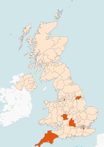 Heatmap showing the regions of schools that Oxford Engineering Outreach have worked with since October 2005