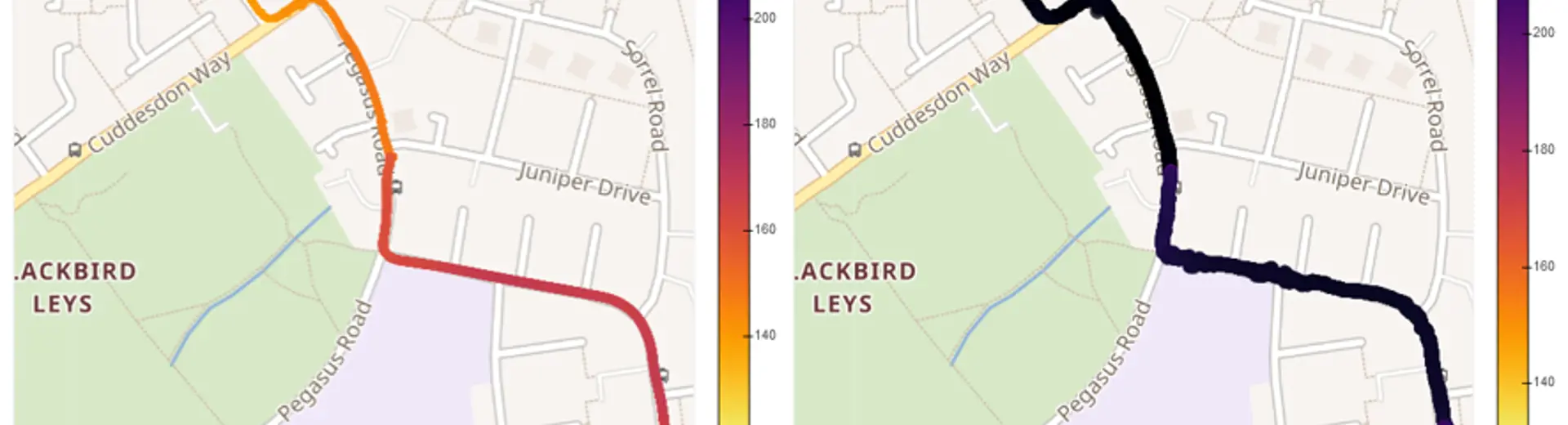 4 maps of Blackbird Leys with different information overlaid on one main road