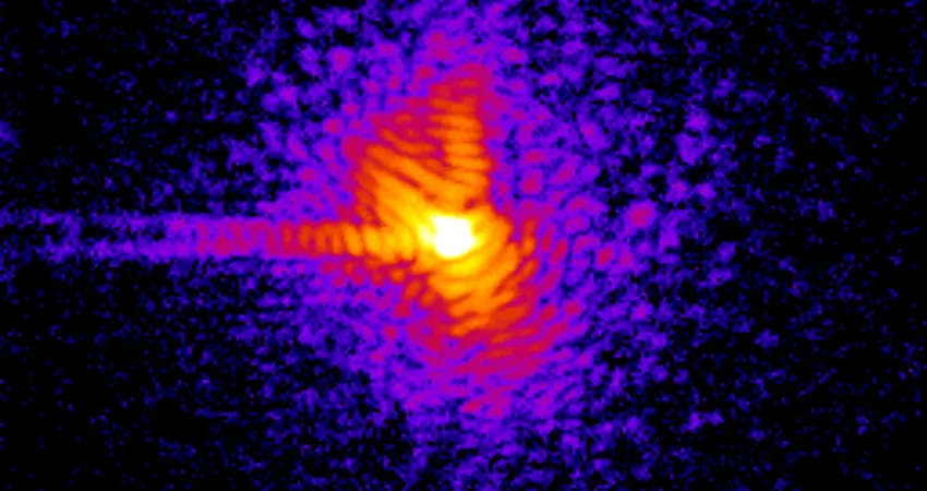 Nano-scale image of the defects in a metal or alloy and the distortions they cause in the surrounding material