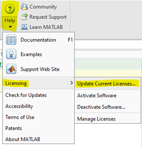 Screenshot of selecting Help > Licensing ? Update Current License
