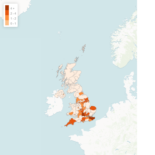 Postcode heatmap of schools Engineering Science Outreach team have worked with Oct 2025 to June 2026