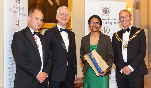(left to right): Warren East - former CEO of Rolls-Royce presenting the award, Giles Keating - Chair of Tech4All Award sponsor, Gayatri, Raymond Joyce - Master of the Worshipful Company of Engineers (WCE), Award co-sponsor