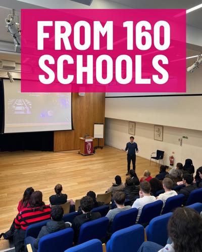 Photo Access Manager speaking to group of young people at an Engineering outreach event, with caption 'From 160 schools''