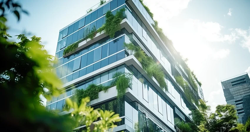 AI generated image of eco friendly building with planting